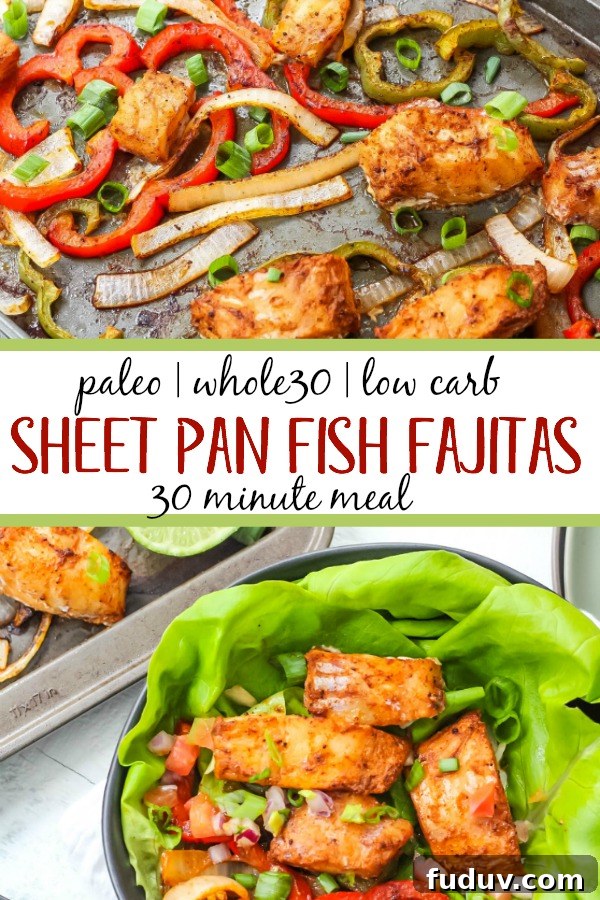 Sheet pan Paleo meals are my favorite weeknight dinners. This Whole30 sheet pan fish fajitas recipe is quick and easy, taking under 30 minutes. Made with delicious seasoned cod, it's perfect for meal prep or a family favorite weeknight dinner #paleofishfajitas #sheetpanfishfajitas #whole30fishrecipes