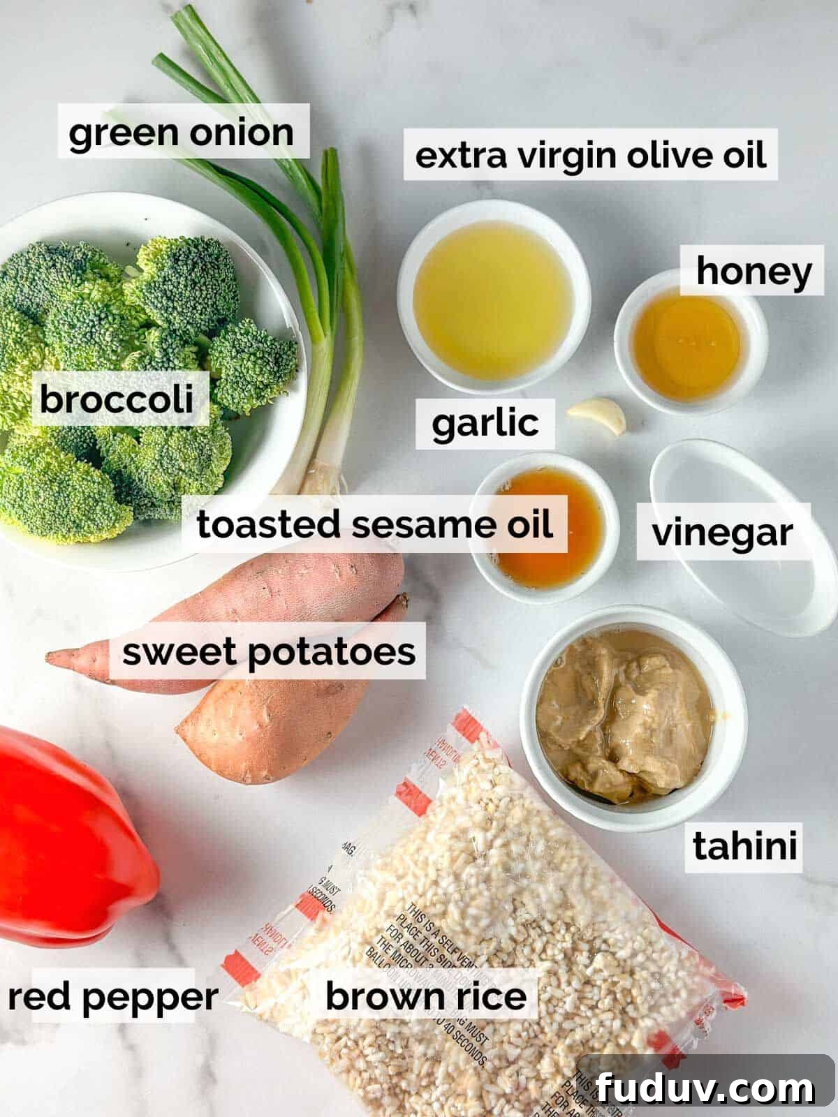 Ingredients for sweet potato bowls on a white background.
