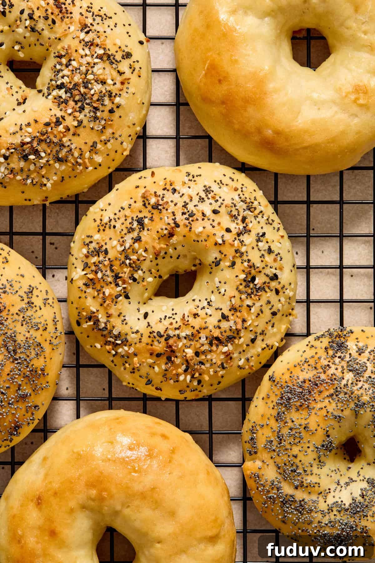 Greek yogurt bagels on cooling rack topped with everything bagel seasoning.