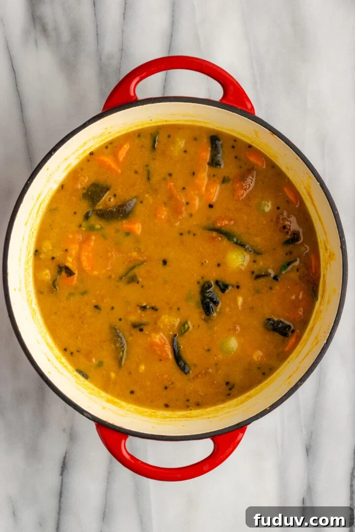 Overhead view of sambar in red enamel Dutch oven