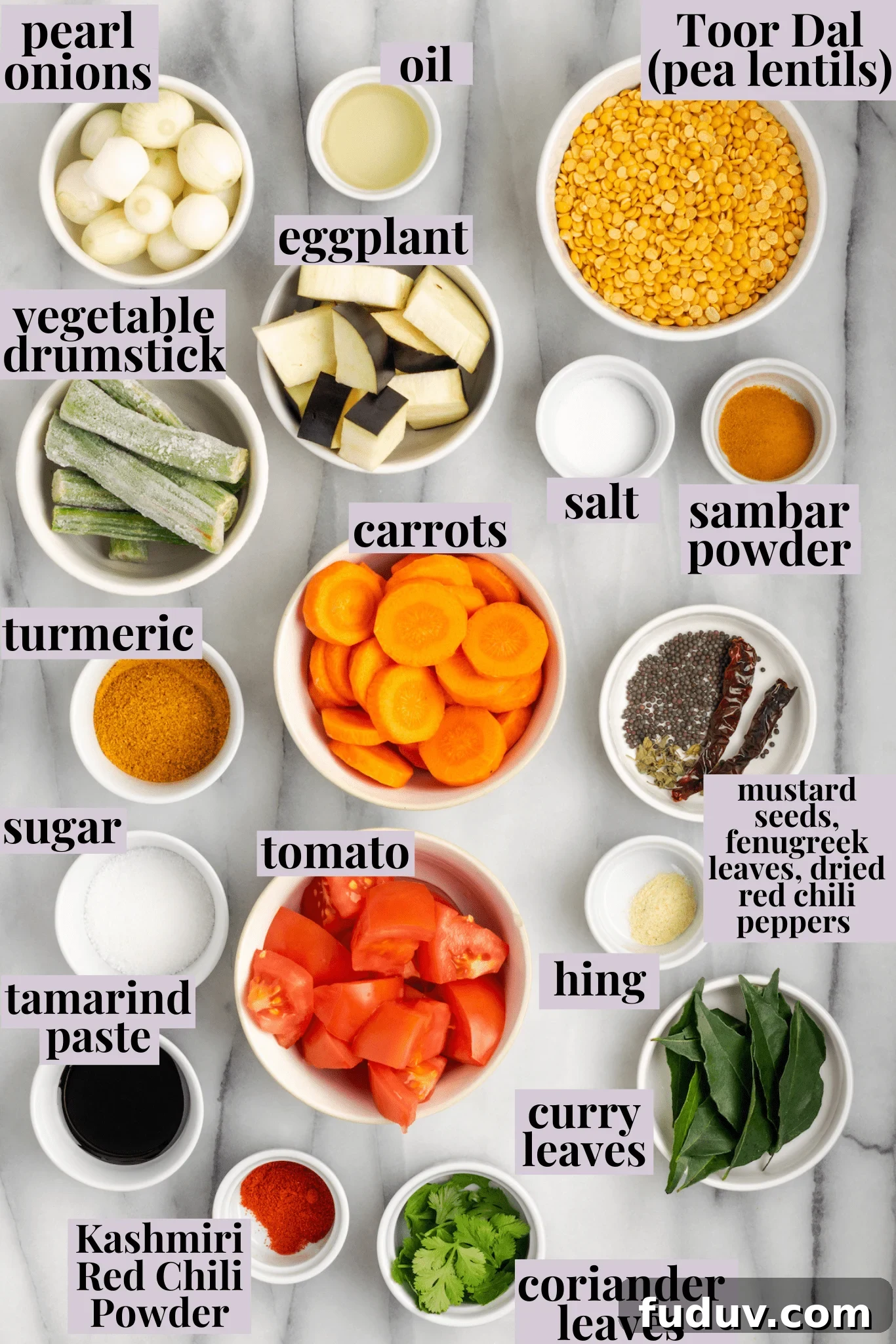 Overhead view of ingredients for vegan sambar with labels