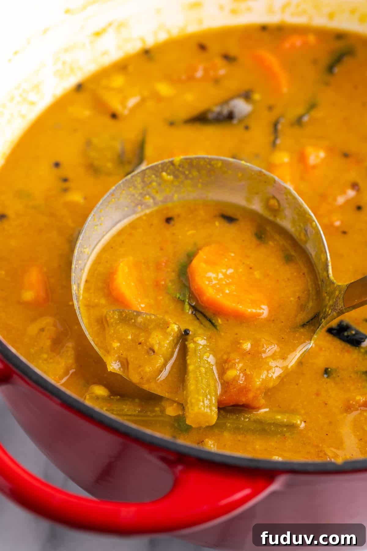 Ladling sambar from red Dutch oven