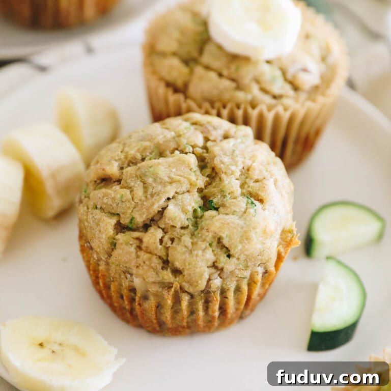 banana zucchini muffins on a white plate.