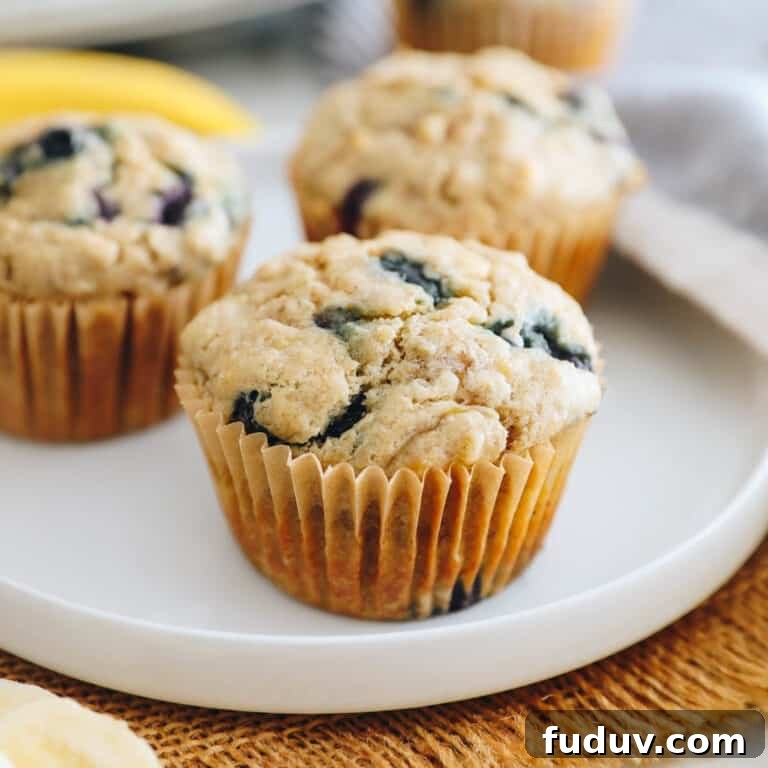 3 banana blueberry muffins in paper muffin liners on a white plate