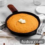 Sweet Potato Cornbread Recipe with Maple Butter Glaze 8 Sweet potato cornbread in a cast iron skillet with butter.