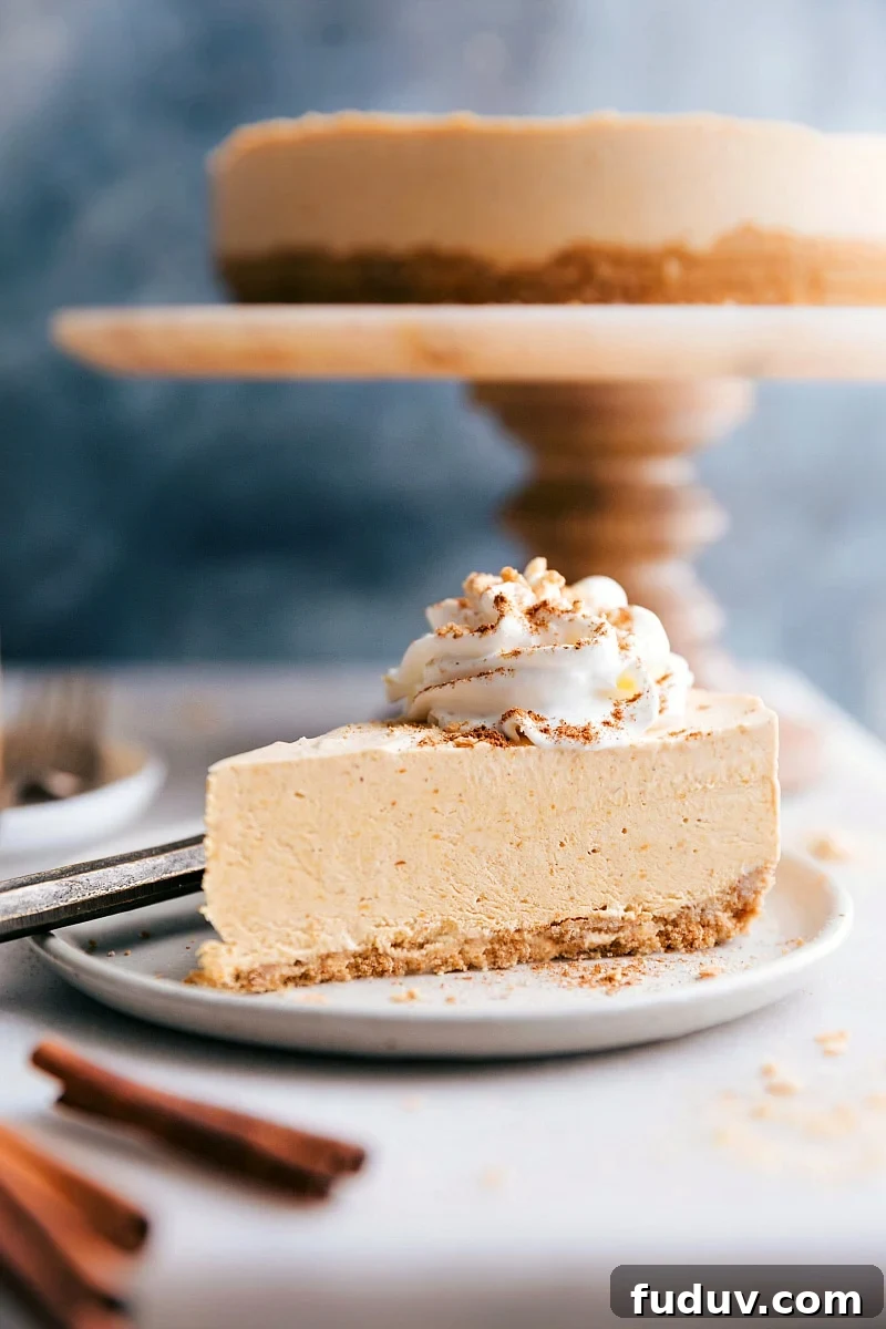 Indulgent Slice of No-Bake Pumpkin Cheesecake A tempting slice of no-bake pumpkin cheesecake with the whole cheesecake in the background, ready to be savored.