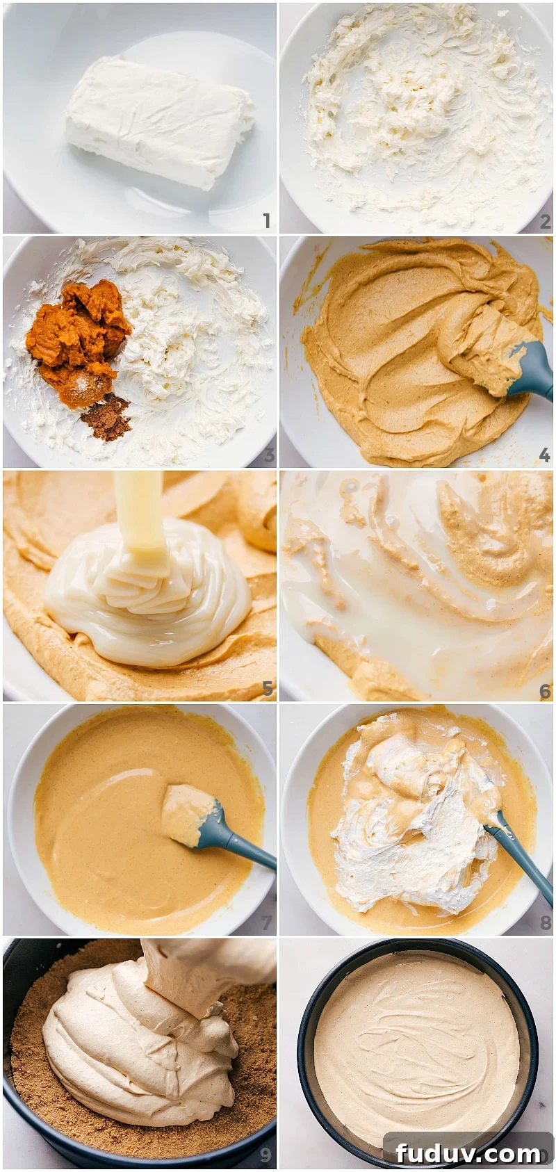 Crafting the Creamy Filling for Easy No-Bake Pumpkin Cheesecake Mixing ingredients to create the luscious filling for easy no bake pumpkin cheesecake.