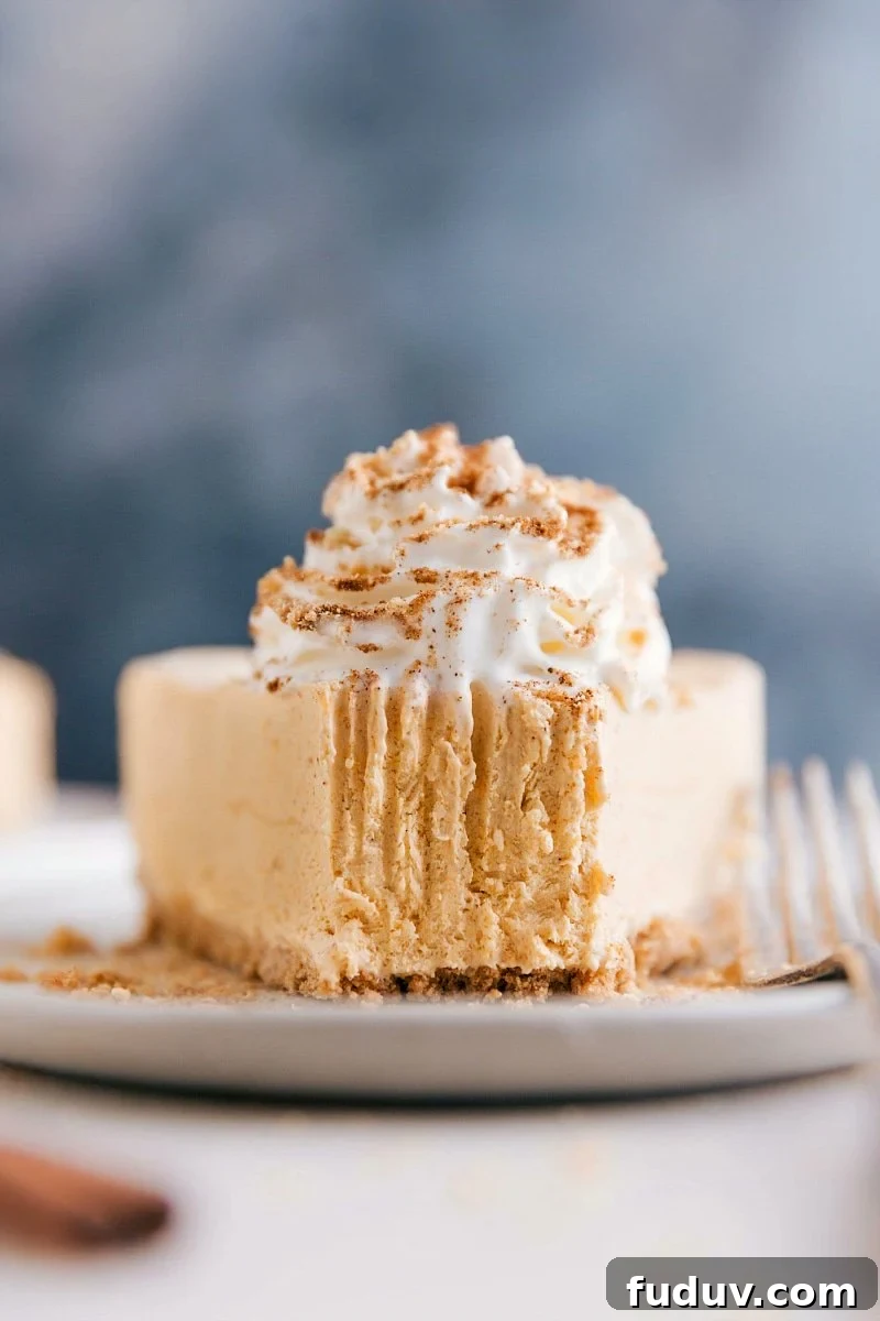 No-Bake Pumpkin Cheesecake Recipe — Creamy Fall Dessert 3 Slice of cheesecake with a missing bite, showcasing its creamy goodness.