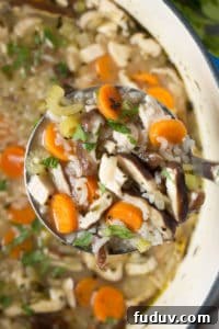 30+ Delicious Recipes to Transform Leftover Turkey 4 a ladle scooping out some turkey and rice soup above a pot