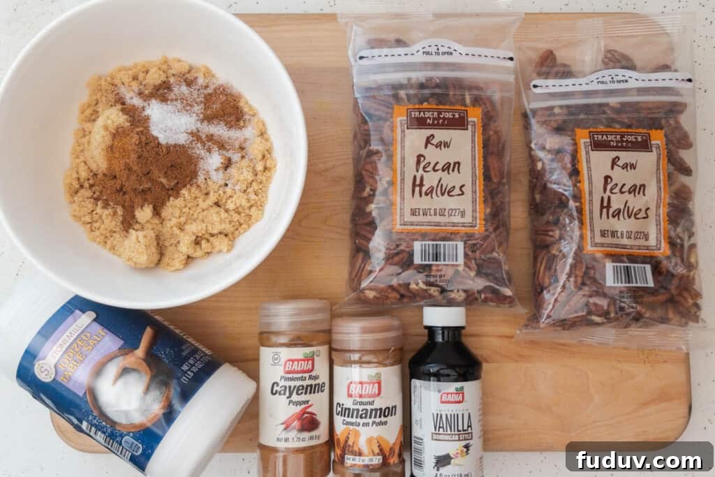 Quick Candied Pecans Recipe: Sweet Glazed Pecans in 20 Minutes 3 candied pecans ingredients on counter