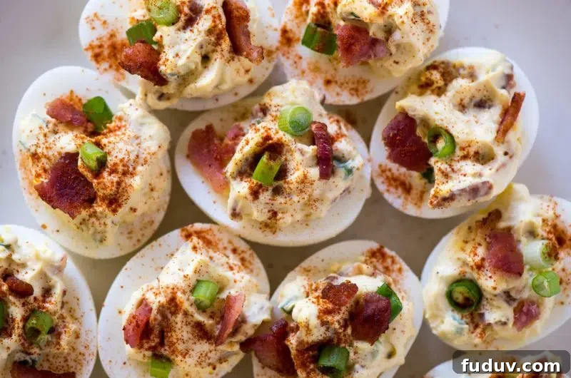 Smoky Bacon Deviled Eggs Recipe with Crispy Bacon Crumble 2 Closeup of smoky bacon deviled eggs