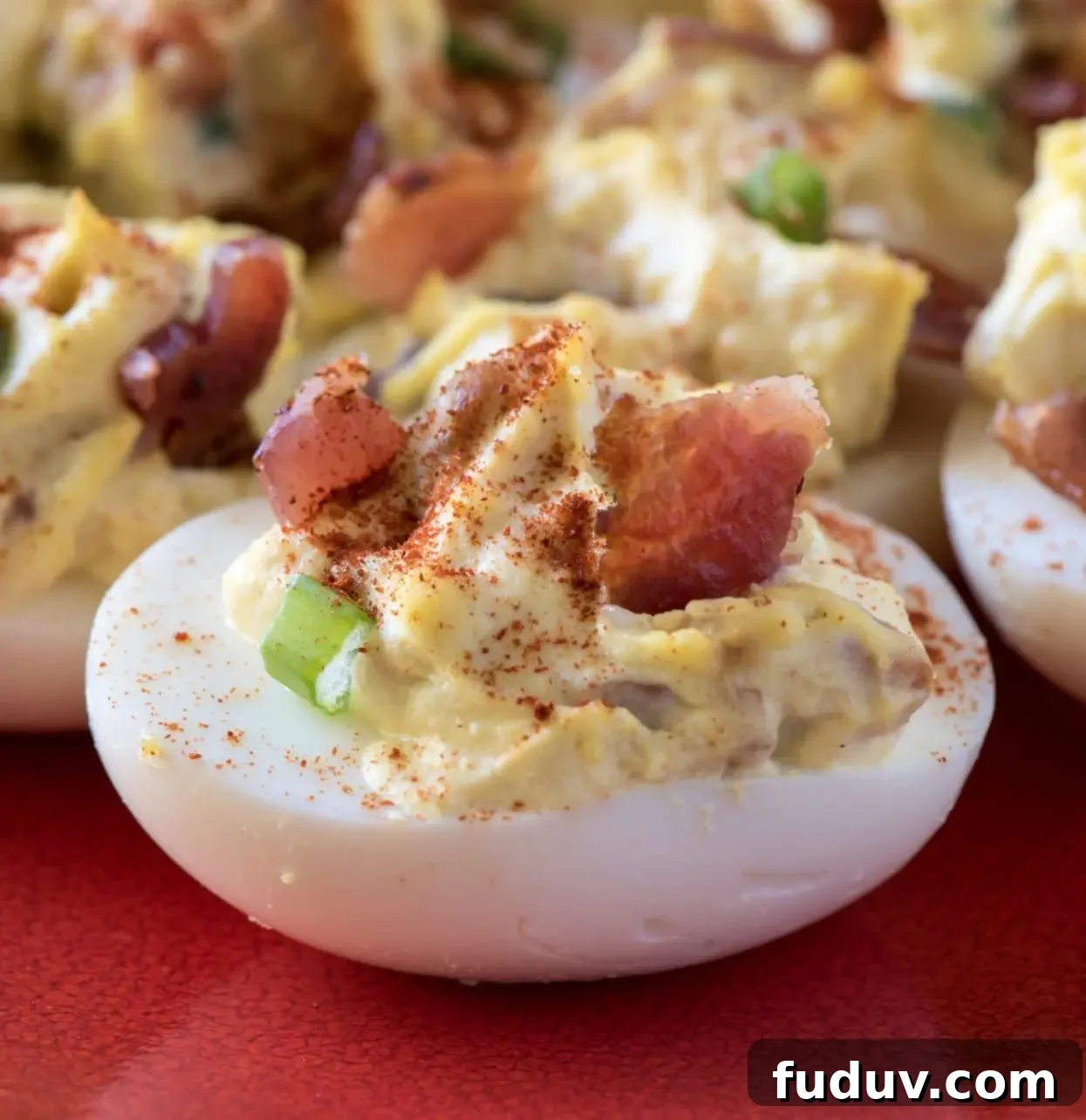 Smoky Bacon Deviled Eggs Recipe with Crispy Bacon Crumble 7 Egg plate with deviled eggs