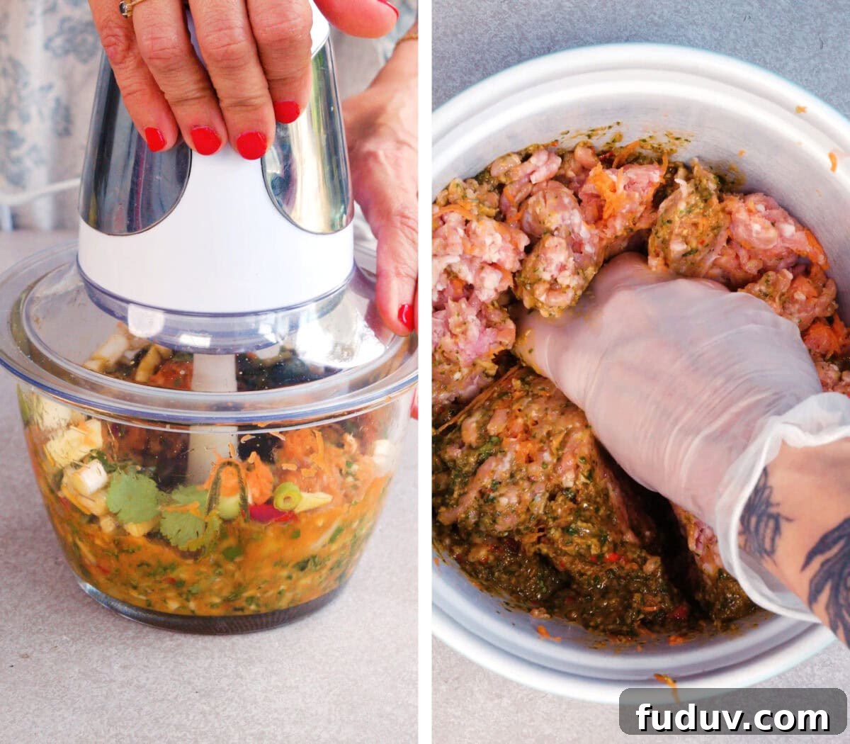 Crispy Homemade Dumpling Rolls: Step-by-Step Recipe 5 Split image: Left side shows a hand using a food processor to blend fresh herbs and ingredients; right side shows a gloved hand mixing seasoned ground meat in a bowl.