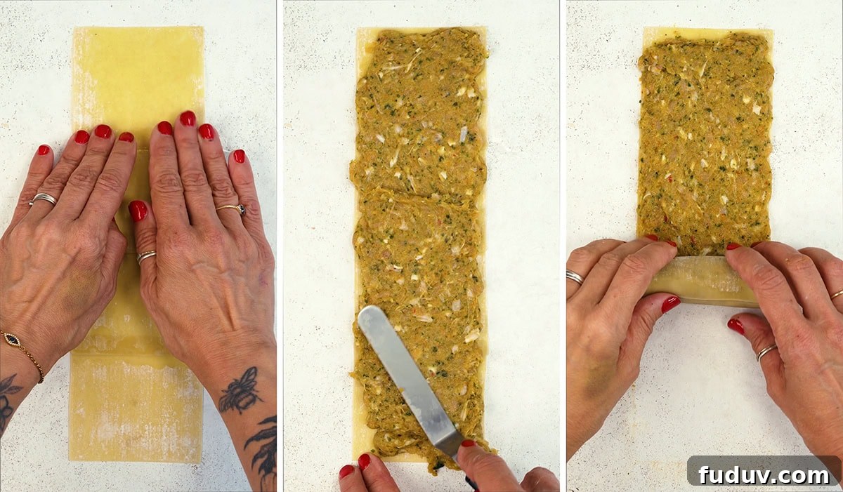 Crispy Homemade Dumpling Rolls: Step-by-Step Recipe 6 Three panels show hands preparing pasta: laying out a pasta sheet, spreading a seasoned filling, then rolling it up. The hands have red nail polish, rings, and a tattoo of a butterfly on one wrist.