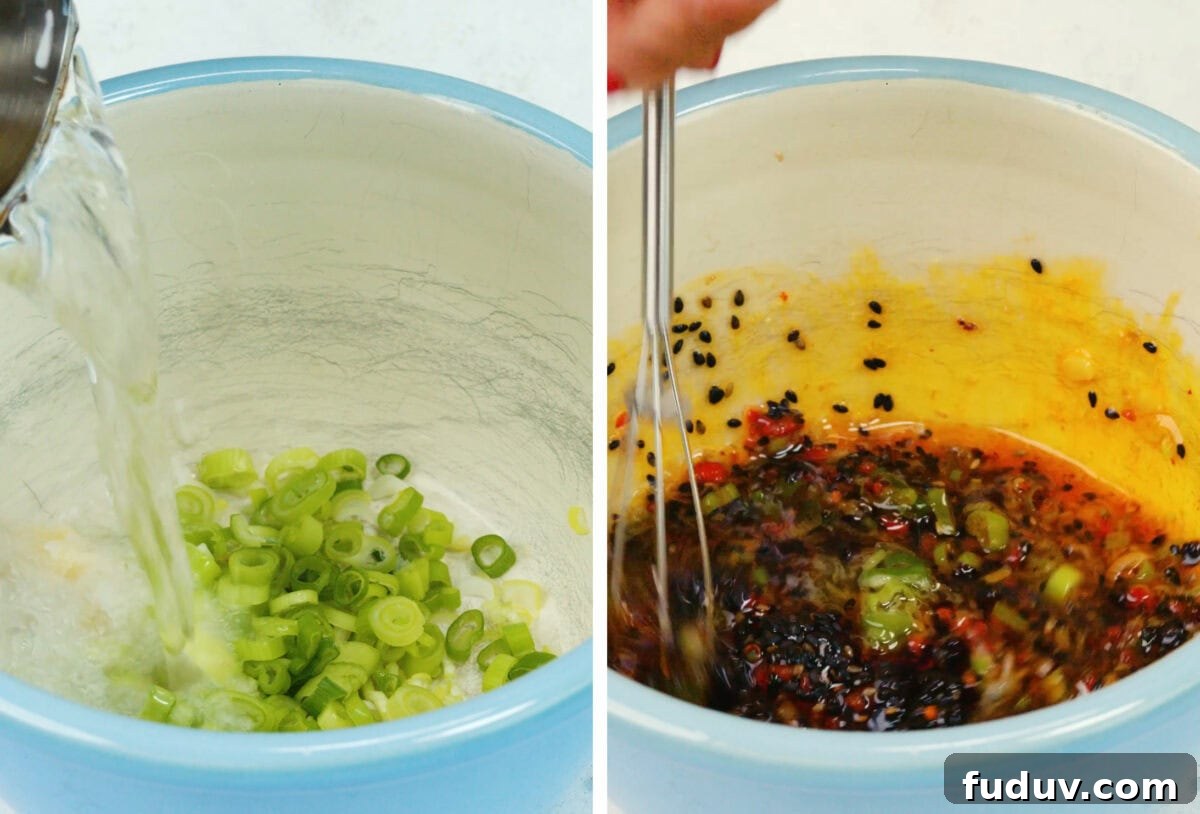 Crispy Homemade Dumpling Rolls: Step-by-Step Recipe 7 A split image shows green onions and liquid being poured into a bowl on the left, and a hand whisking a mixture of sauce, green onions, and spices in the same bowl on the right.