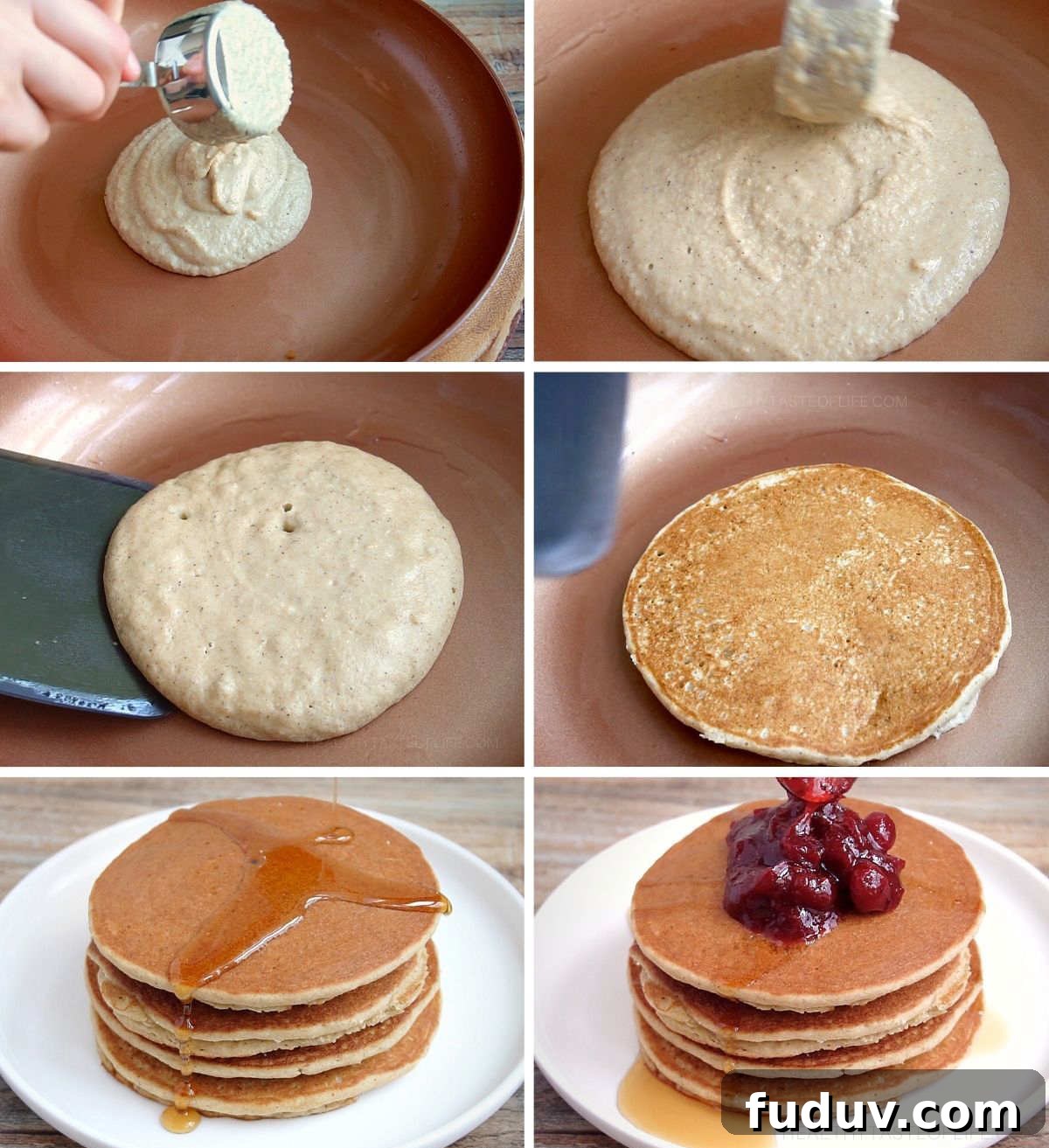 Gluten-Free Sourdough Pancakes — Light, Fluffy & Dairy-Free 6 Process shots showing how to cook gluten free sourdough pancakes in a pan.