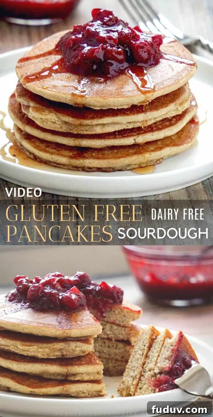 Gluten-Free Sourdough Pancakes — Light, Fluffy & Dairy-Free 7 Healthy fluffy gluten free pancakes made with the discarded sourdough starter, sorghum flour, apple sauce and without dairy. These gluten free sourdough pancakes have no xanthan gum, no baking powder, no oats and no bananas. The recipe makes 10 light and fluffy pancakes. #glutenfree #sourdough #pancakes