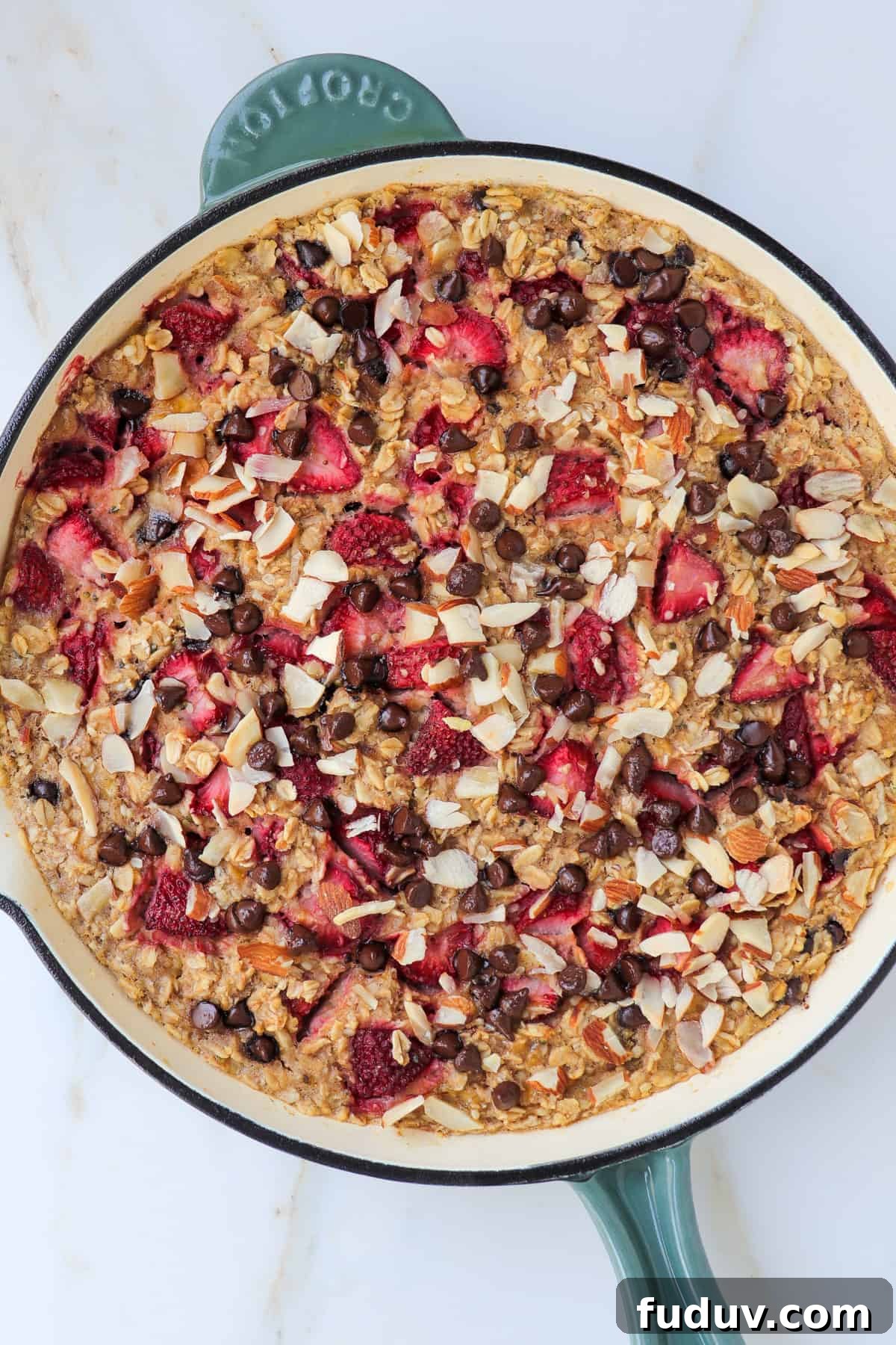 Baked oatmeal in a skillet.