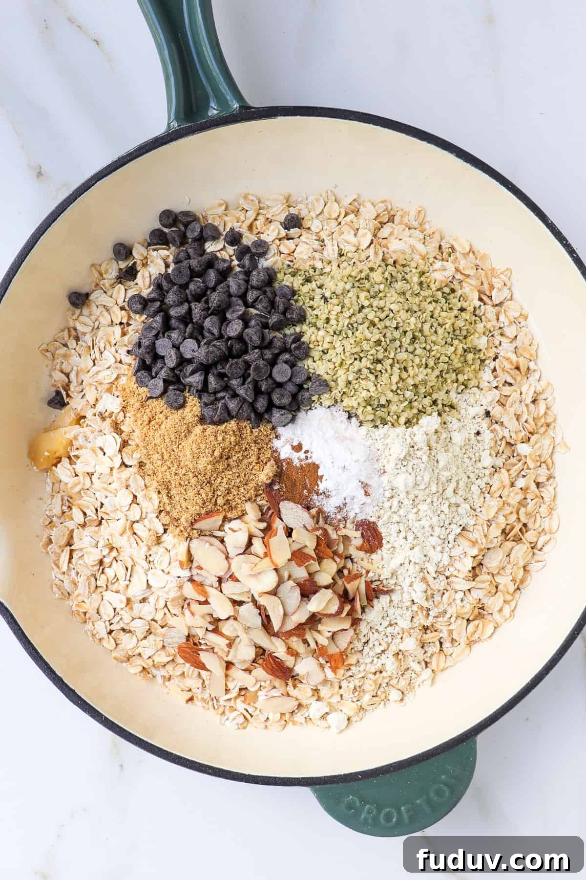 Dry ingredients added to the pan.