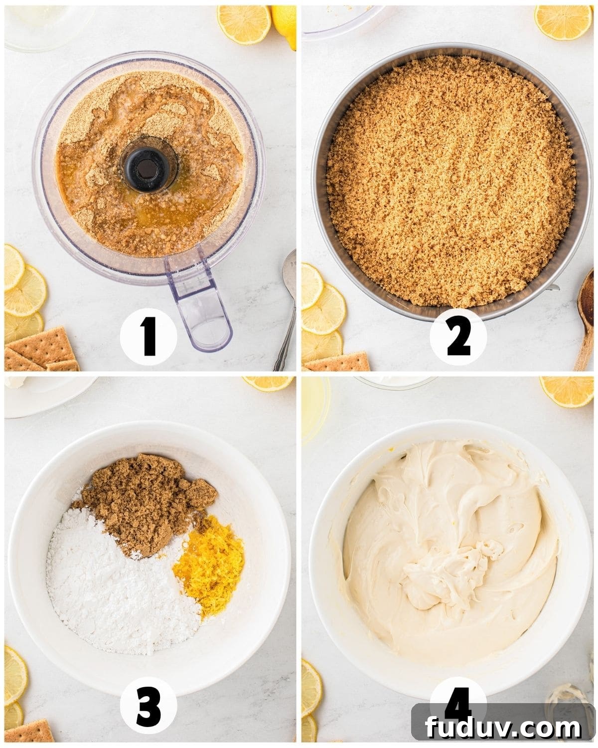 Four-step process of making Lemon Cheesecake: blending crust ingredients, pressing crust into a pan, combining filling ingredients in a bowl, and mixing into a smooth batter.