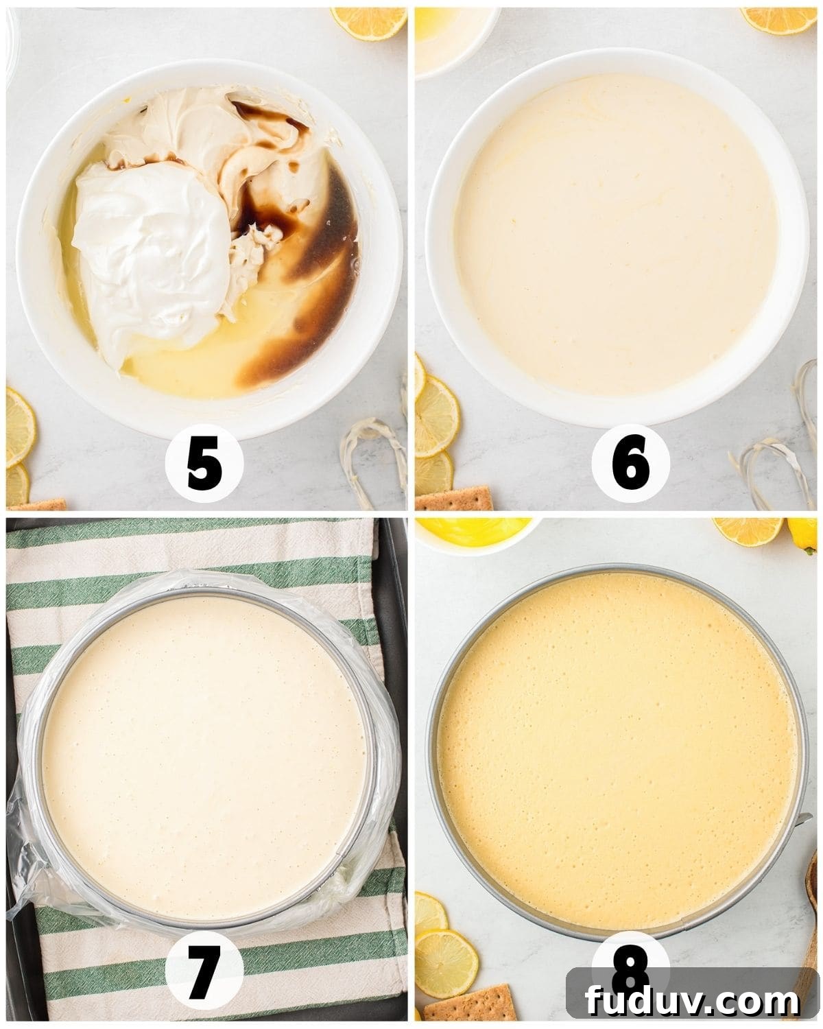 Step-by-step images show mixing lemon cheesecake batter with vanilla, pouring it into a pan, preparing for baking, and the finished baked lemon cheesecake in a springform pan.