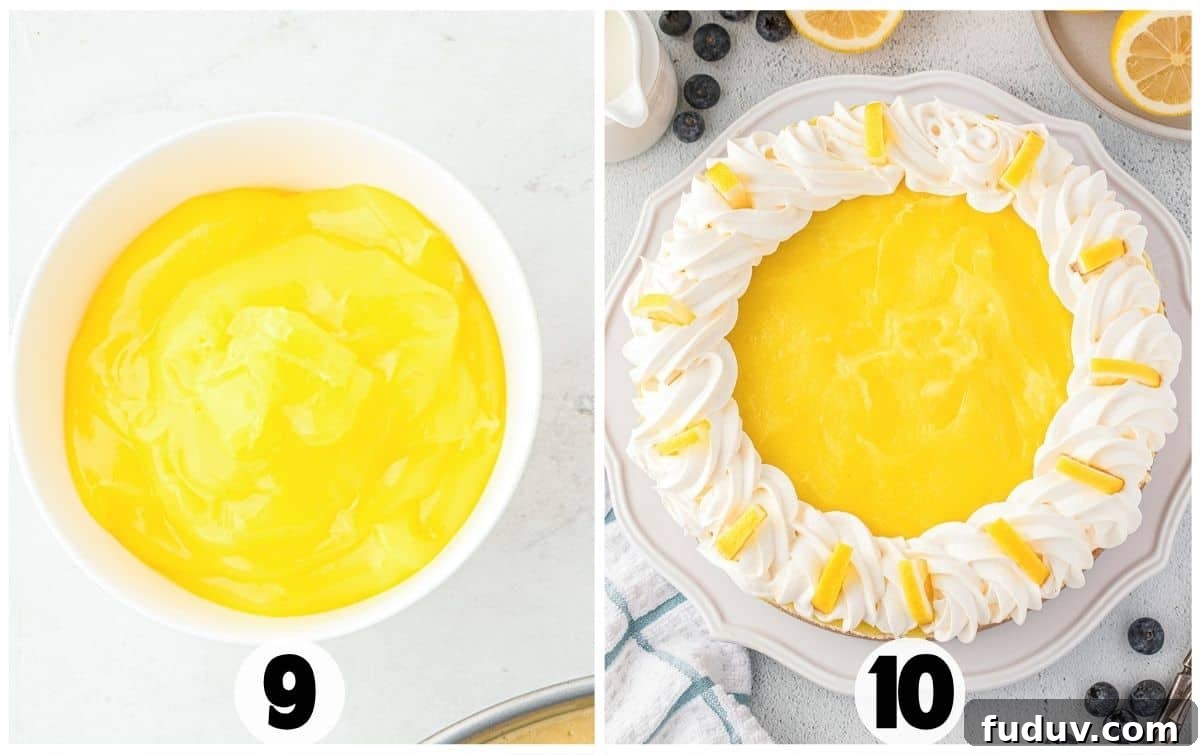 Side-by-side images: left, a bowl of yellow lemon cheesecake filling; right, a lemon dessert pie topped with whipped cream and lemon slices