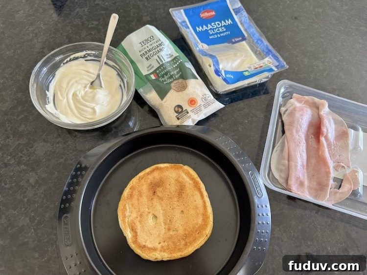 keto croque monsieur, early preparations. ingredients laid out next to it
