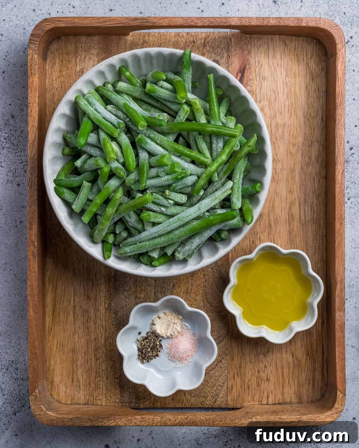 Crispy Air-Fried Frozen Green Beans with Creamy Tahini Sauce 5 Photo showing the ingredients to make air fried frozen green beans.