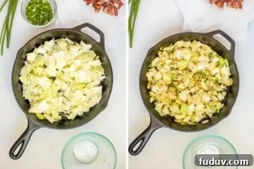 Side by side photo of cast iron skillet with cabbage before and after sauteeing it.