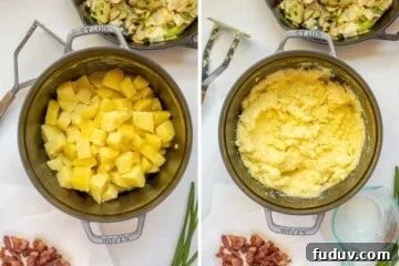 Side by side photo showing potatoes after cooking and after mashing.