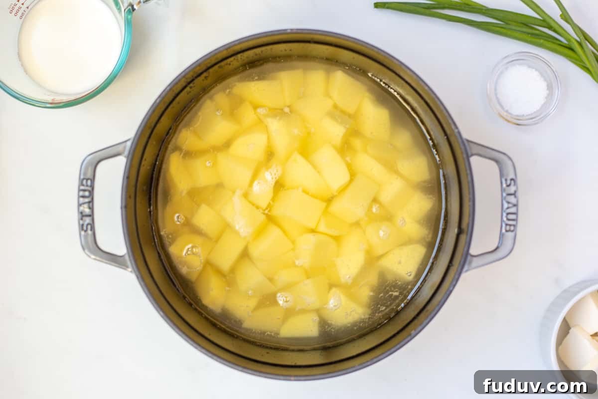 Cubed potatoes in dutch oven covered with water.