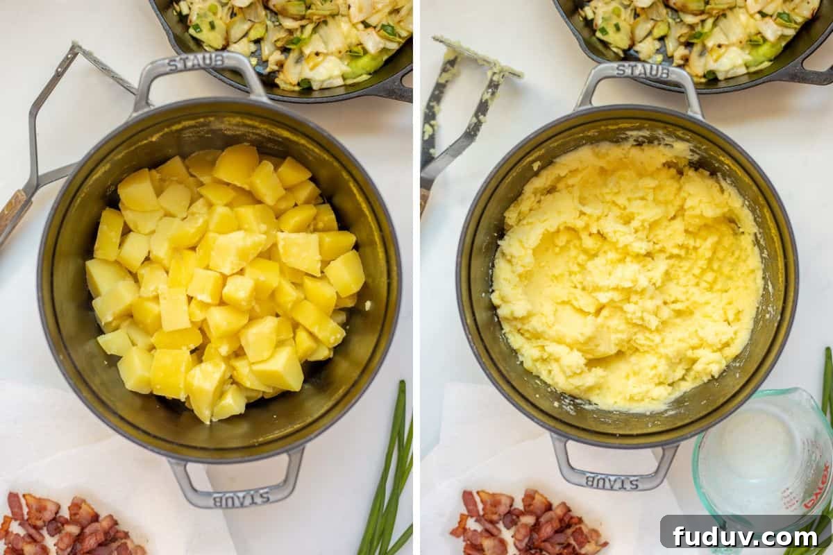 Side by side photo showing potatoes after cooking and after mashing.