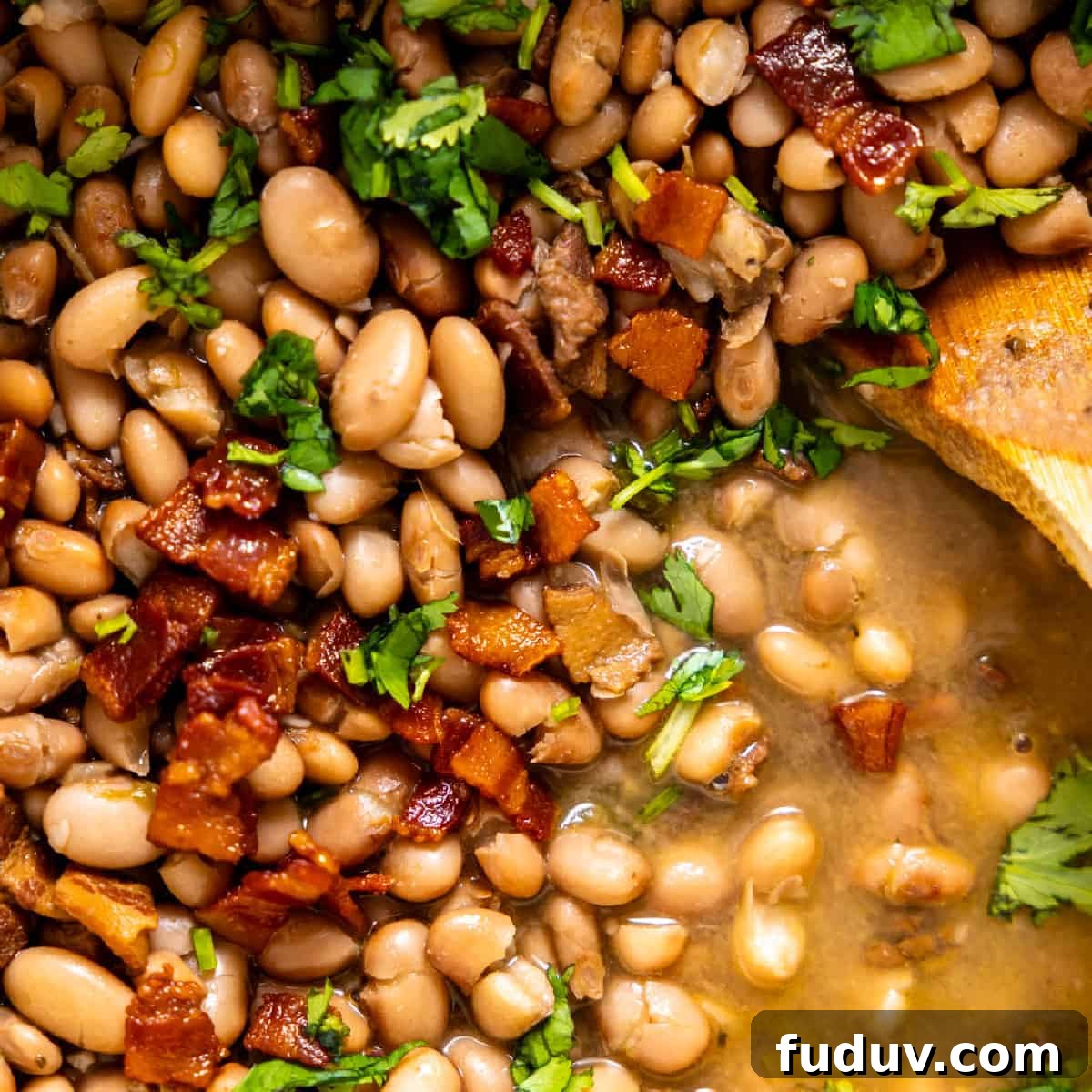 Cooked pinto beans with bacon and cilantro.
