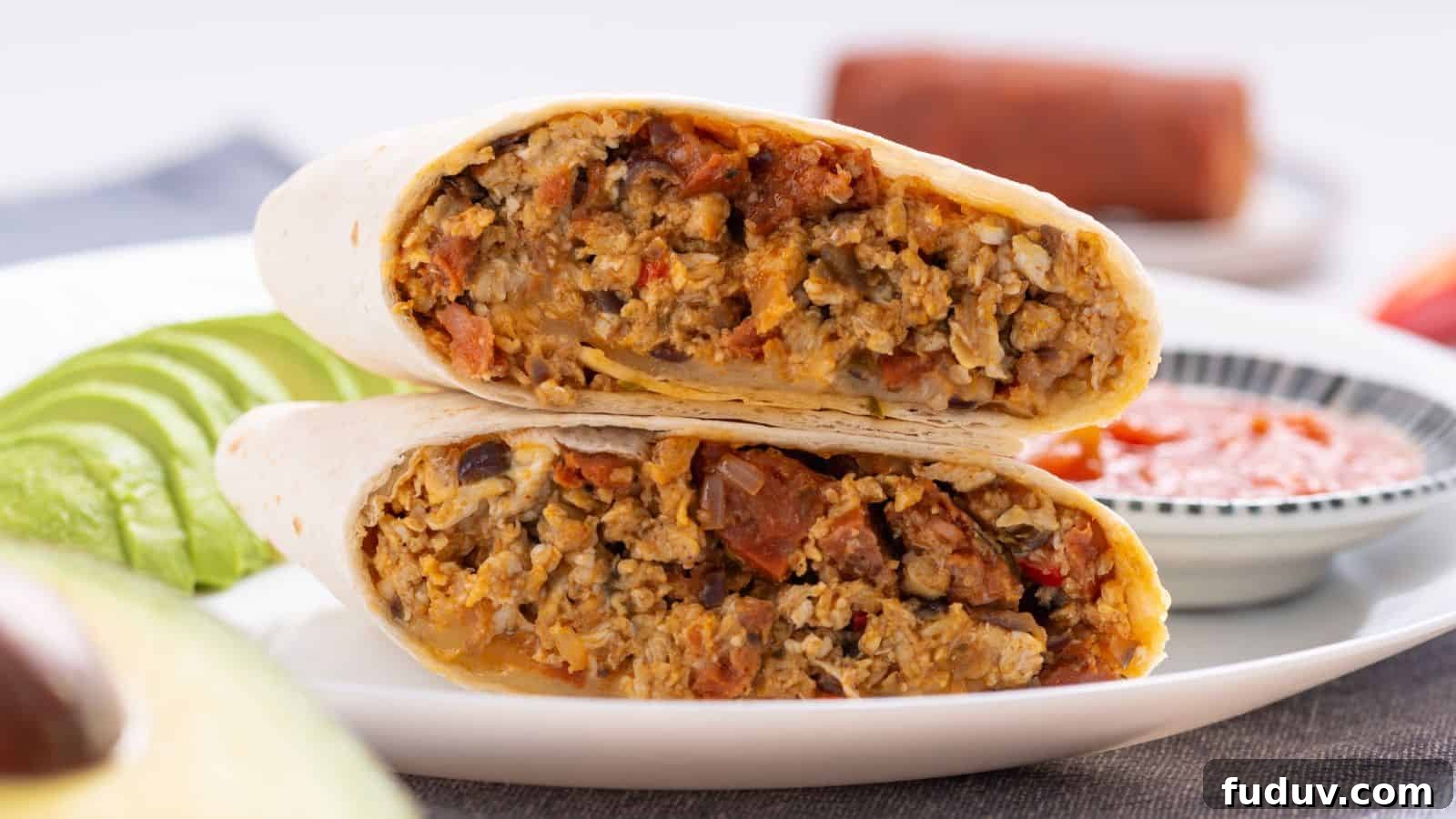 A close-up image of a sliced breakfast burrito filled with seasoned meat and eggs served on a white plate with avocado slices and dipping sauce in the background.