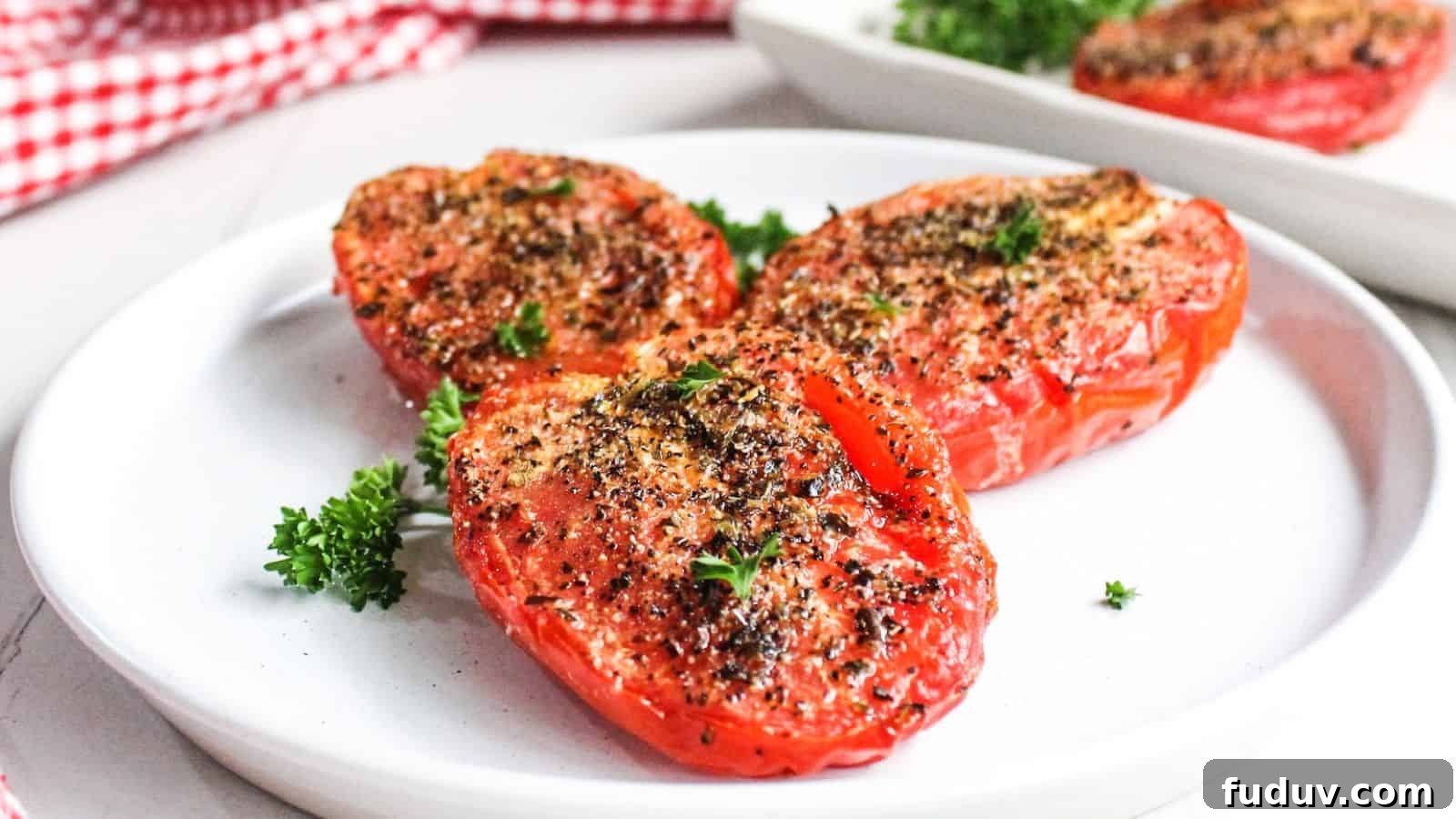 Roasted tomatoes seasoned with herbs and spices, served on a white plate garnished with parsley.