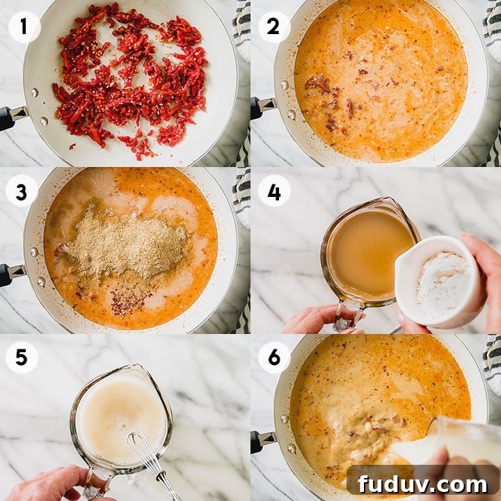 step-by-step process shots for making sun-dried tomato basil pasta 1-6.