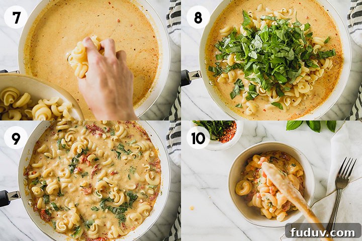 step-by-step process shots for making sun-dried tomato basil pasta 7-10.