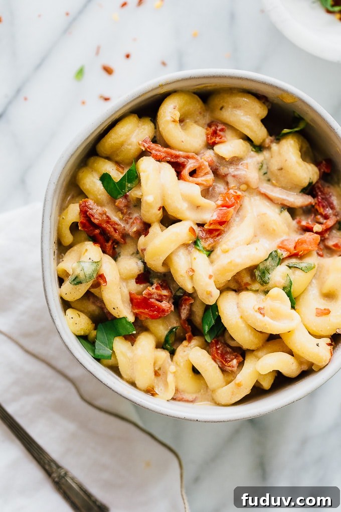 Top view of Creamy Sun Dried Tomato Basil Pasta.