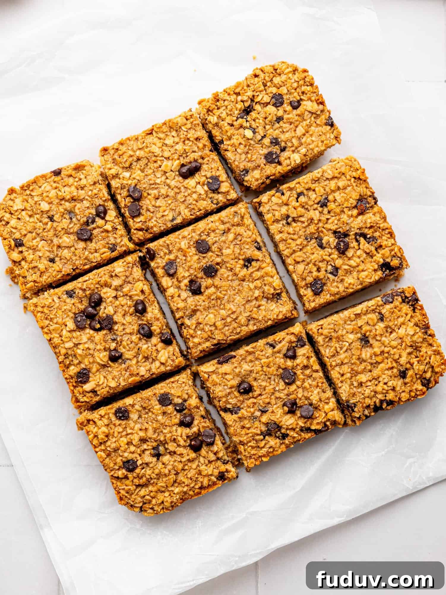 Bird's eye view of sliced, freshly baked healthy flapjacks.