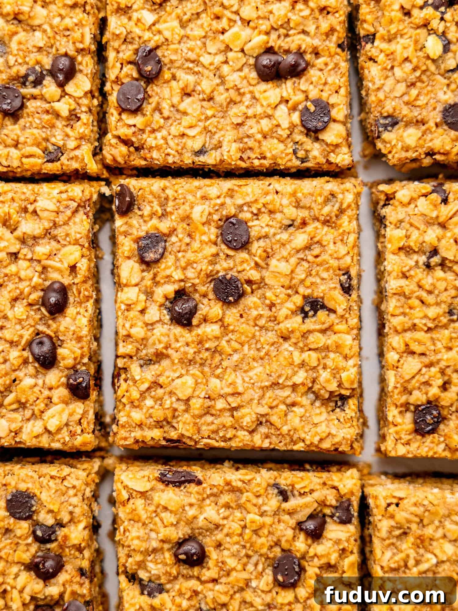 Bird's eye view of flapjacks with chocolate chips.