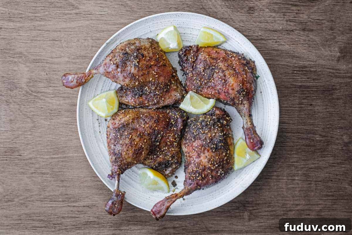4 roasted duck legs with zaatar on a serving plate with small lemon wedges
