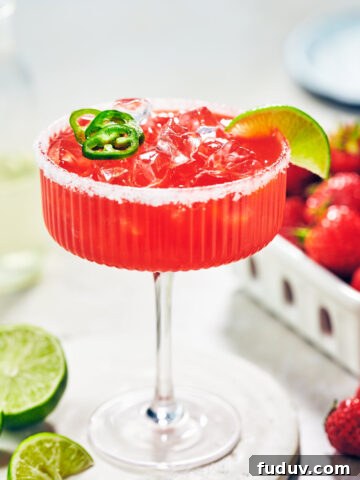 Easy Strawberry Jalapeno Margarita in a glass with fresh lime.