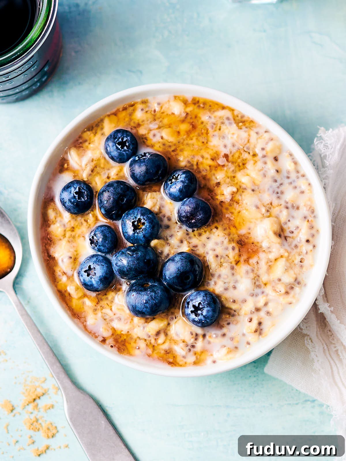 Brown sugar simple syrup on Coconut Overnight Oats with blueberries.