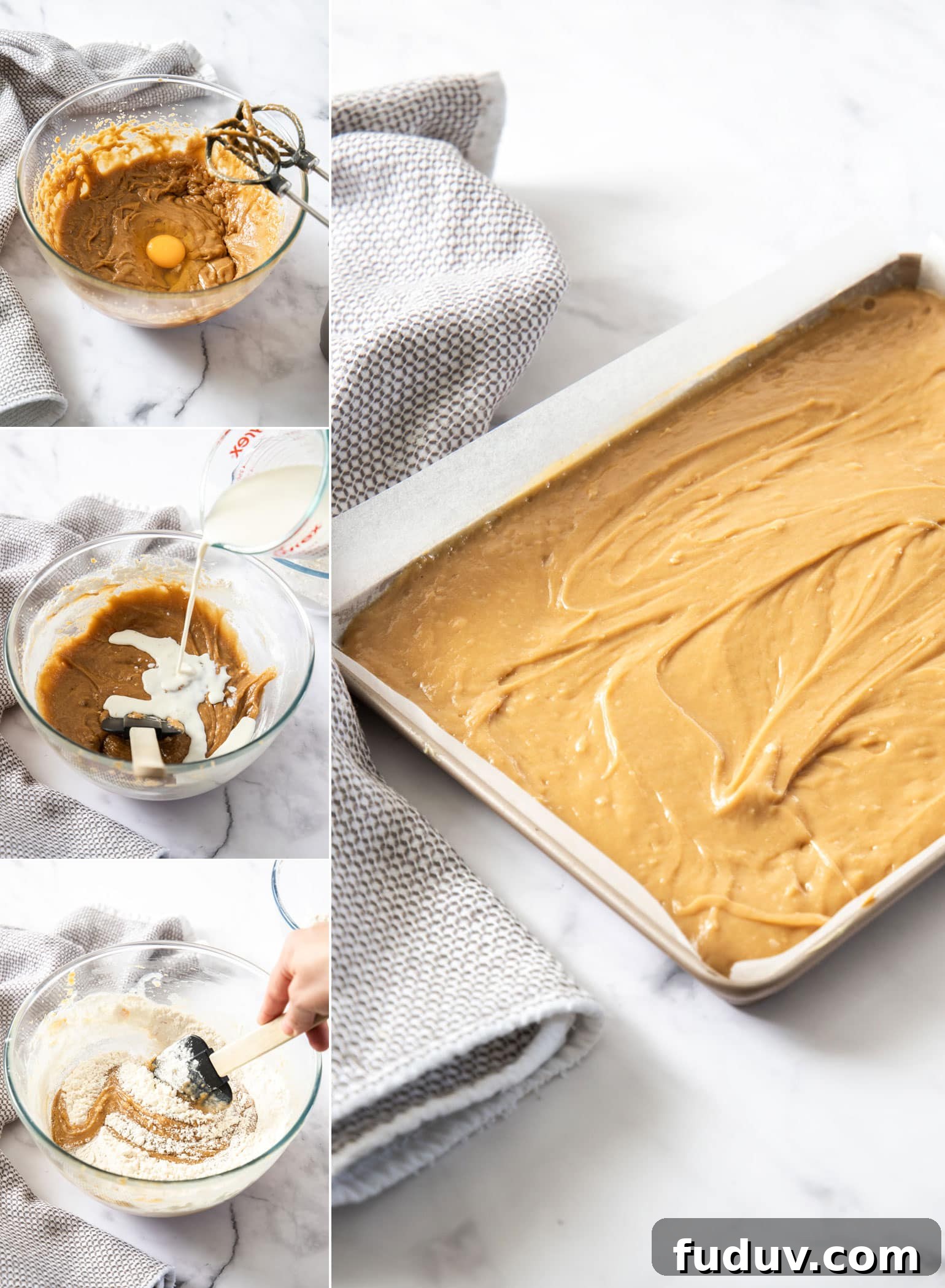 Ultimate Peanut Butter Sheet Cake Recipe for Gatherings 4 A montage of photos showing how to make peanut butter sheet cake