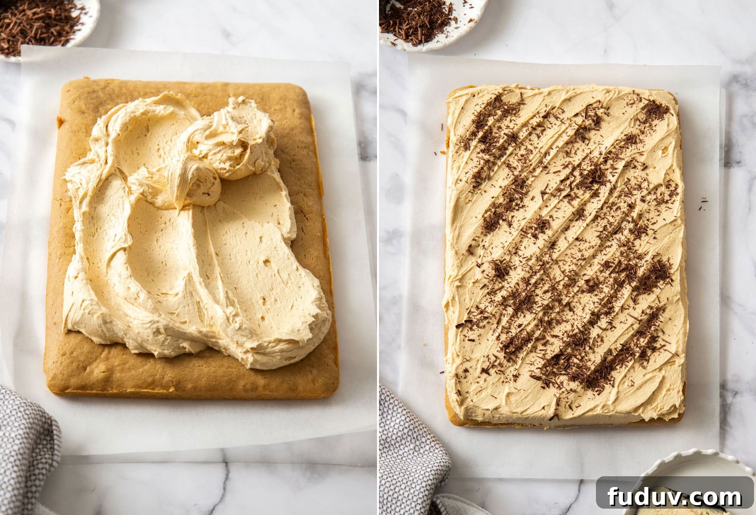 Ultimate Peanut Butter Sheet Cake Recipe for Gatherings 5 2 images showing peanut butter frosting on a sheet cake