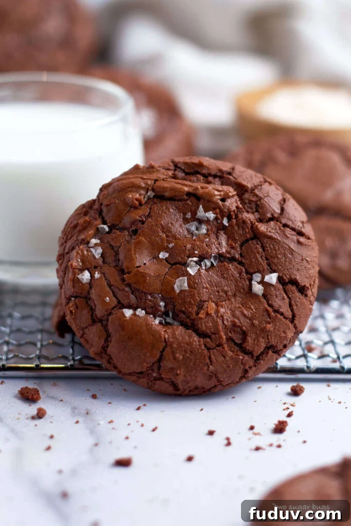 Chewy Brownie Crinkle Cookies Recipe for Fudgy Chocolate Lovers 2 salted brownie crinkle cookie on a cooling rack