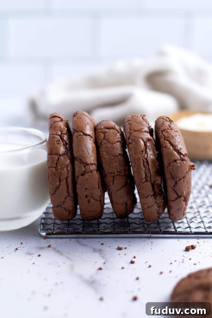 Chewy Brownie Crinkle Cookies Recipe for Fudgy Chocolate Lovers 12 thick brownie crinkle cookies with a glass of milk