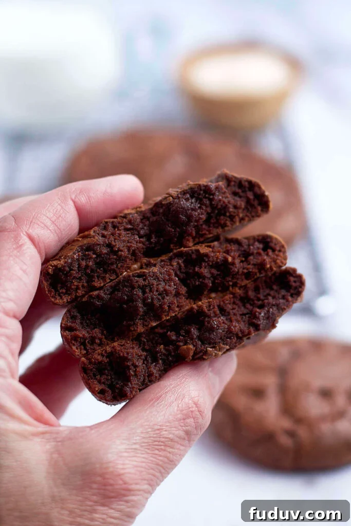 Chewy Brownie Crinkle Cookies Recipe for Fudgy Chocolate Lovers 3 inside look at the rich, fudgy middles of brownie crinkle cookies