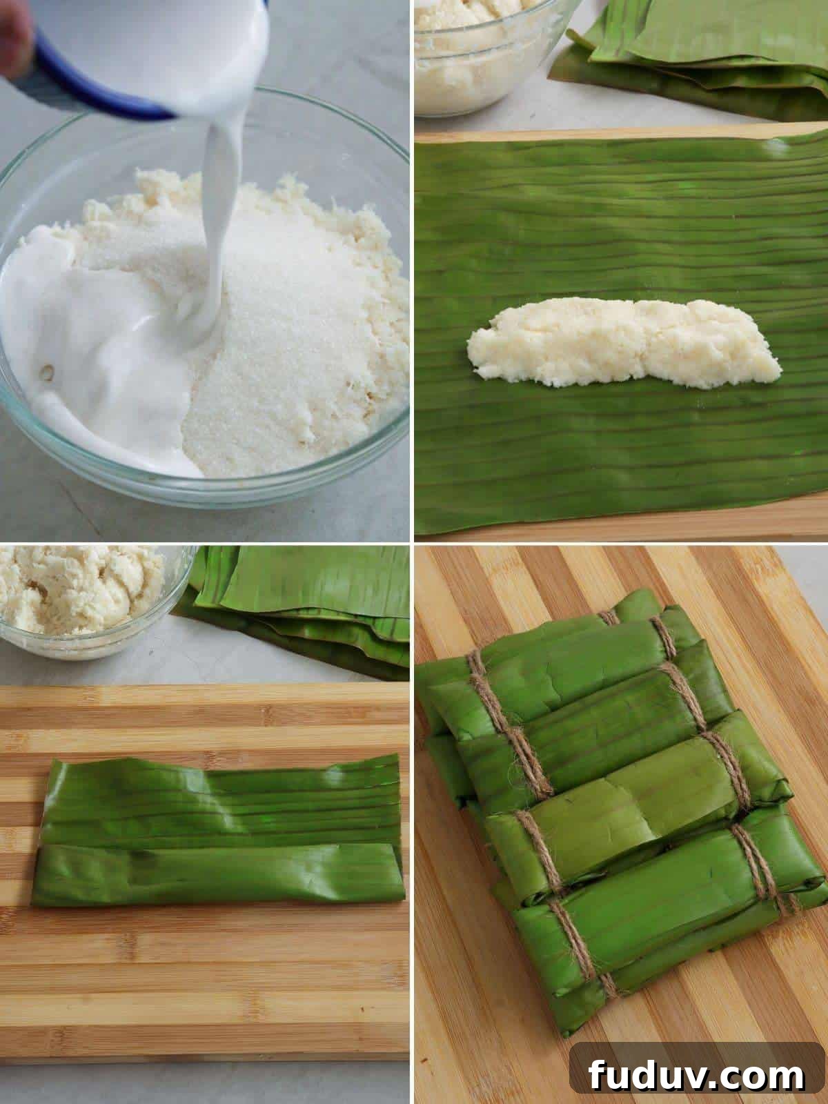 wrapping cassava suman mixture in banana leaves