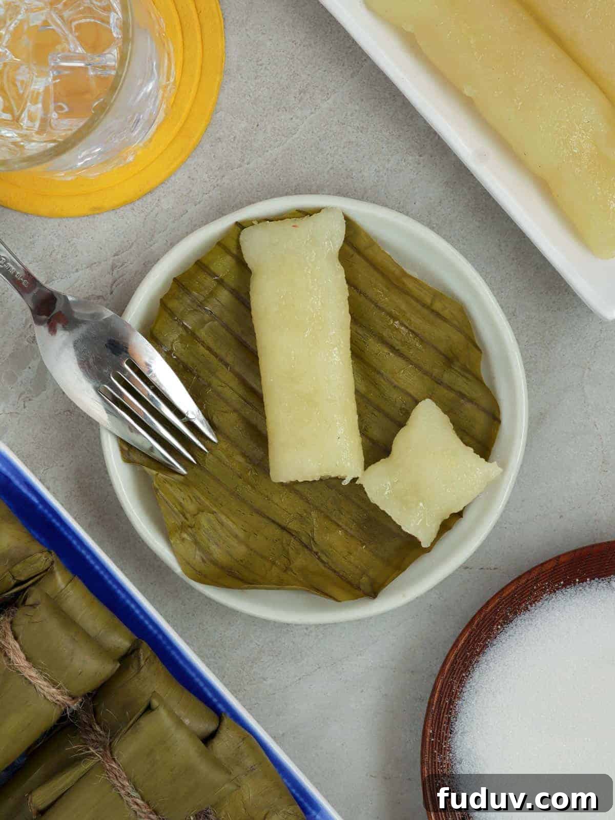 suman cassava on a white serving plate